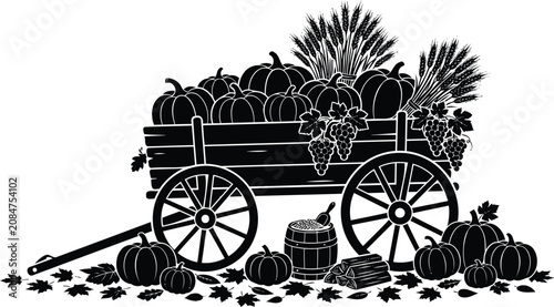 Foto Black silhouette of harvest wagon with pumpkins grapes and wheat on white backgr