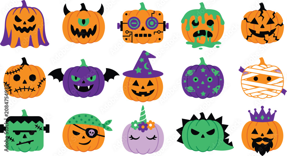 Obraz premium Festive halloween pumpkins diverse jack o' lantern characters for spooky season designs