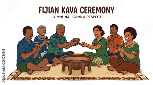 Group of people participating in a traditional fijian kava ceremony sitting on a woven mat