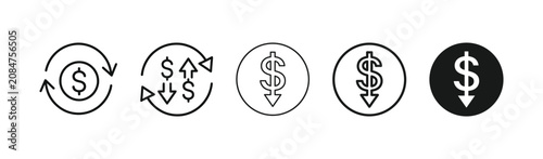Dollar sign with circular arrow and directional arrow icon set black outline and solid style for currency exchange, money transfer and financial decrease symbol.