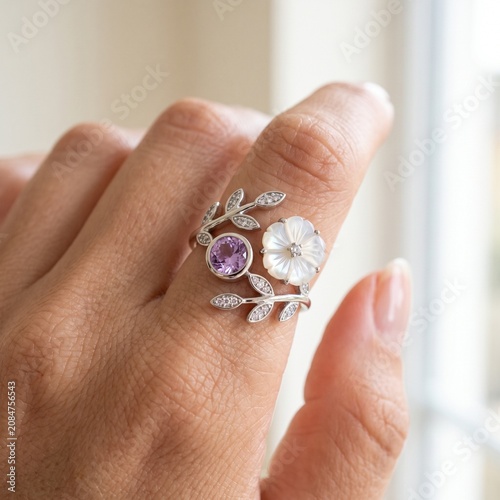 Sterling Silver Leaf Branch Adjustable Ring Photography Elegant Cubic Zirconia Jewelry.