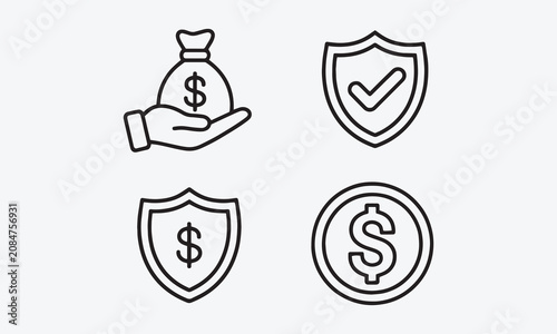 Financial security icon set featuring a money bag in a hand, checkmark shield for financial protection, dollar icon on shield