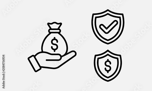 Financial security icon set featuring a money bag in a hand, checkmark shield for financial protection, dollar icon on shield