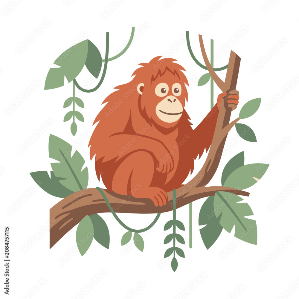 Obraz premium Cute orangutan vector illustration, friendly primate sitting on jungle tree branch, wild ape in tropical rainforest