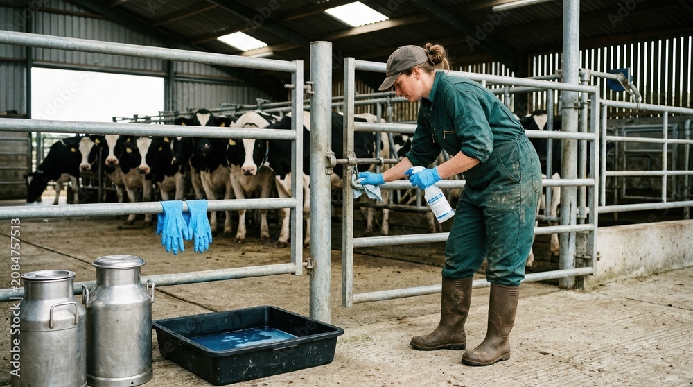Naklejka premium A dairy farmer in boots and coveralls disinfects a milking parlor gate beside a footbath, rubber gloves, steel milk cans, and a row of Holstein cattle behind protective fencing, illustrating farm