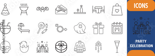 Party celebration event line icons. gift icon set, party hat icon set, champagne icon set