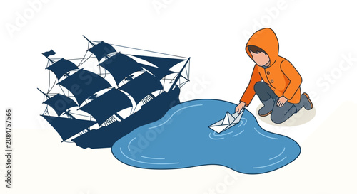 Child playing with paper boat and large ship shadow vector