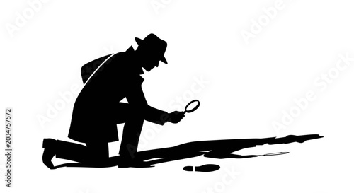 Detective examining footprint with magnifying glass shadow vector