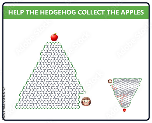 Help the hedgehog collect the apples. Children logic game for brain training. Maze puzzle with hedgehogs collecting apples on holiday-themed background.  