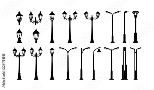 Foto Vintage and Modern Street Lamp Post Collection Black Silhouette Vector Illustrat