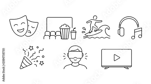 Entertainment Line Icons Set – Movies, Music, Gaming, TV, Theater Vector Outline Icons