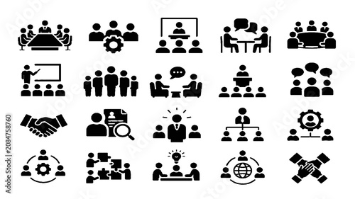 Teamwork and Collaboration Glyph Icons Set – Meeting, Business Team, Partnership, Organization Vector Icons