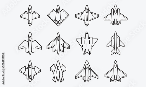 Stealth plane icons, stealth aircraft, bomber line art