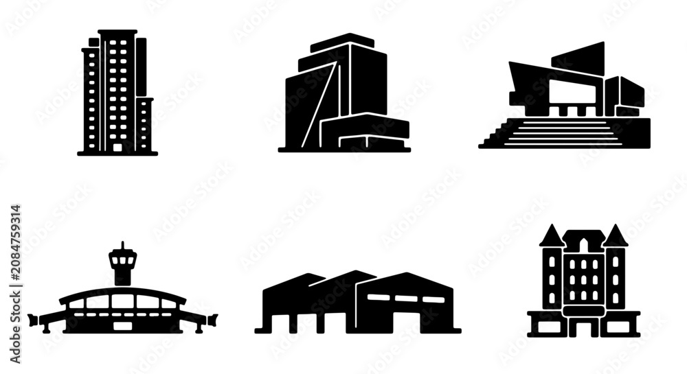 Obraz premium Modern Architecture Icons: Diverse Building Silhouettes for Urban Design, Business Concepts, and Cityscape Graphics, Vector Set