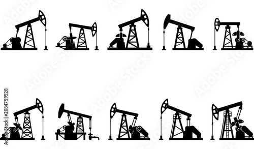 Canvas-taulu Oil Pumpjack Rig Black Silhouette Icon Set Vector Illustration