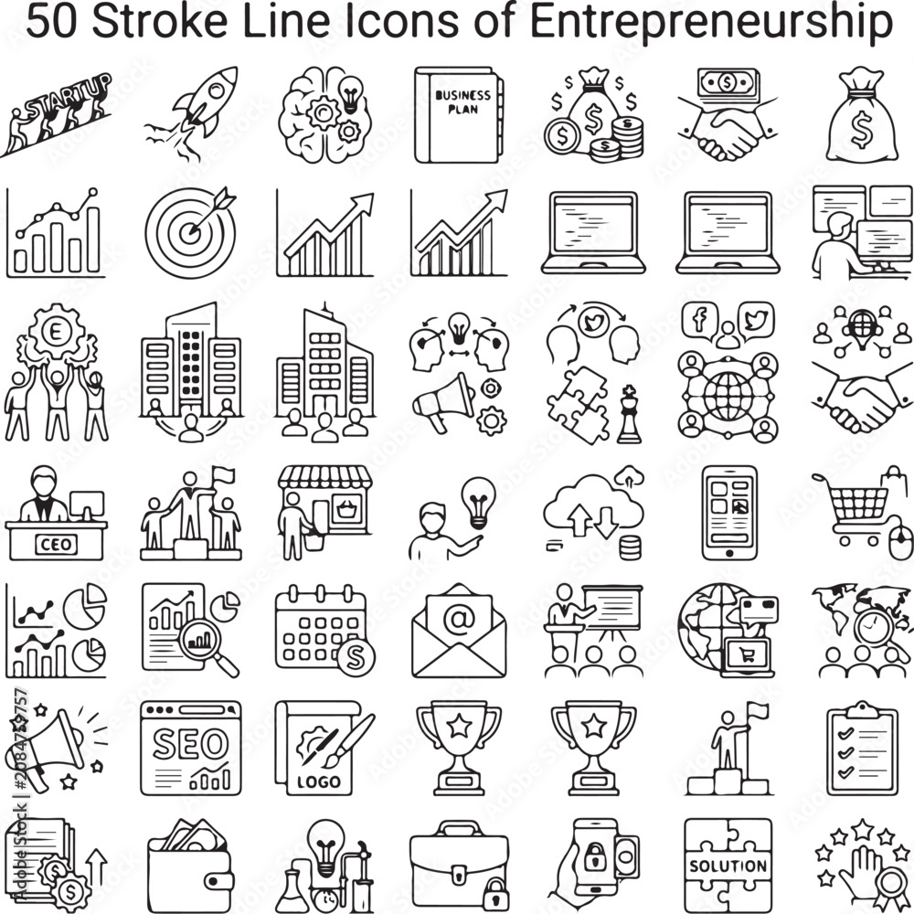 Fototapeta premium Stroke Line Icons of Entrepreneurship Startup Business Innovation Editable Vector Icons