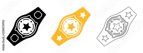 Championship belt icon set, boxing winner award silhouette outline and gold vector icons