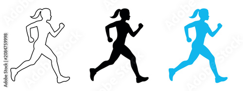 Photos Running woman icon set, female jogger silhouette outline and blue vector icons