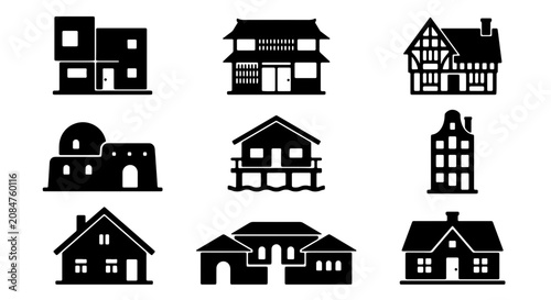 Fotografie Diverse Architectural Styles Vector Icons: Modern, Traditional, and Historic Hou