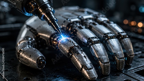Extreme macro photograph of a robotic hand welding its own damaged finger with a tiny blue electric arc, glowing molten metal and ultra-detailed titanium textures in a dark industrial workshop.