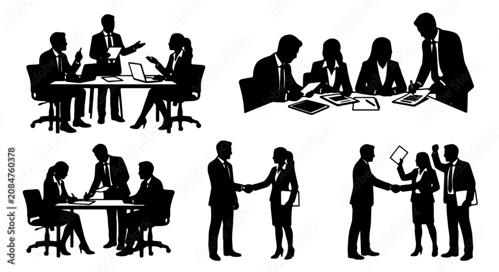 Fototapeta premium Business Meeting Silhouettes, Professional Collaboration Icons, Corporate Teamwork Graphics, Office Discussion Vector Set
