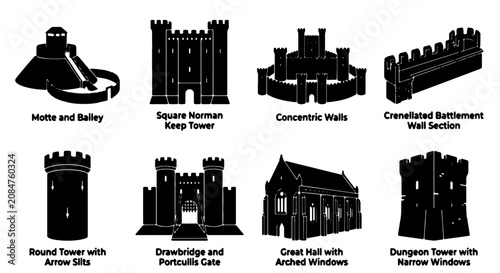 Medieval Castle Architecture Icons, Fortification Elements, Historic Building Silhouettes, Defensive Structures Set, Vector Graphics