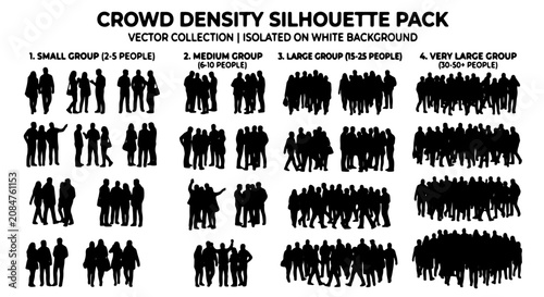 Crowd Density Silhouette Pack, Vector Collection of People Silhouettes, Isolated on White Background, Small to Very Large Groups