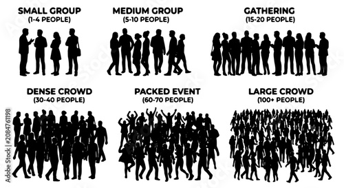 Vector Silhouettes of People Groups, Crowd Sizes, and Gatherings. Diverse Human Figures in Black and White for Social, Event, and Community Concepts.
