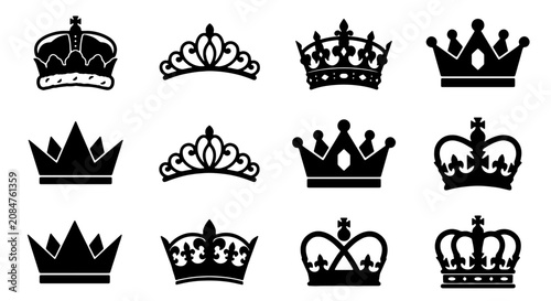 Bild auf Leinwand Royal Crown Icons Set, Regal Headwear Silhouettes, Majestic Tiaras and Coronets,