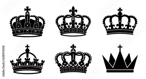 Photography Royal Crown Icons Set, Majestic Heraldic Symbols, Regal Ornate Headwear Vector C