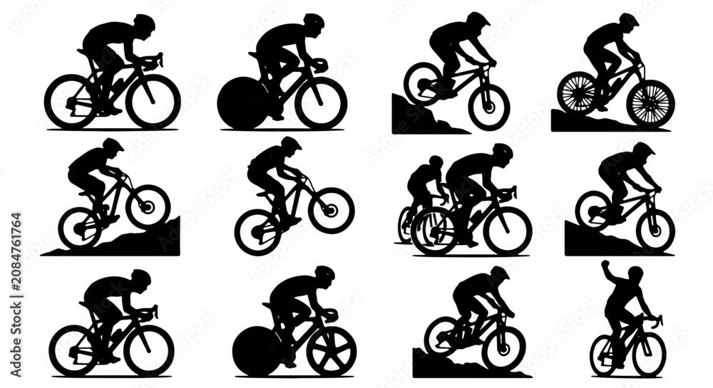 Obraz premium Dynamic Cycling Silhouettes Collection: Road Racing, Mountain Biking, BMX Action, 12 Vector Icons for Sports and Fitness Graphics