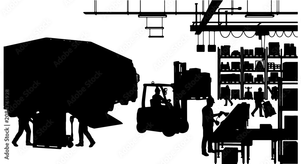 Obraz premium Warehouse Logistics and Shipping Operations, Forklift Loading Cargo, Industrial Storage and Delivery Workflow, Silhouette Vector Illustration