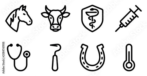 Foto Set of black line icons for veterinary clinic featuring farm animals and medical health care equipment Minimal stroke icon set bundle collection