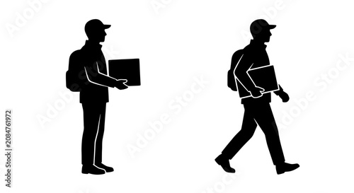 Canvastavla Delivery Person Silhouette, Courier Carrying Package, Man with Backpack and Box,