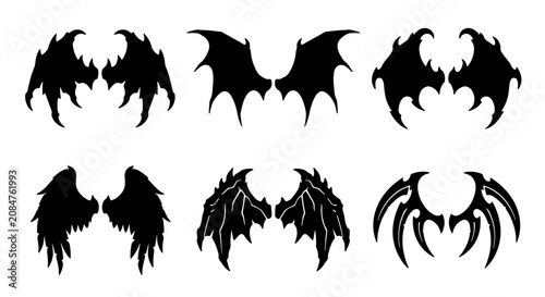 Schilderij op canvas Gothic Wing Silhouettes, Dark Fantasy Angel and Demon Wings Vector Set, Spiky an