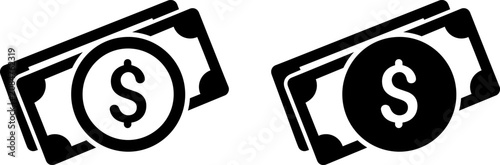 Black and white money icons featuring dollar signs on paper banknotes in a minimalist graphic style