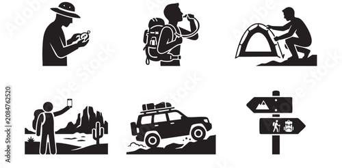 Desert Hiking and Backcountry Exploration Silhouette Icons Set, Minimalist Wilderness Camping Adventure and Trail Signpost Vector Flat Graphic Sheet