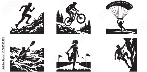 Extreme Adventure Sports and Outdoor Athletics Silhouette Icons Set, Minimalist Action Trail Runners Mountain Bikers and Rock Climbers Vector Flat Graphic Sheet