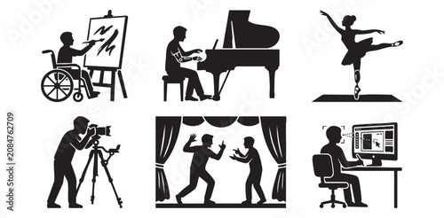 Creative Arts and Adaptive Hobbies Silhouette Icons Set, Minimalist Inclusive Fine Artists Performing Musicians and Dancers Vector Flat Graphic Sheet
