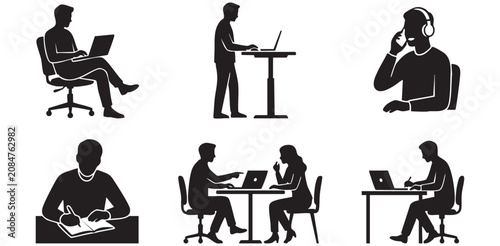 Remote Work and Corporate Coworking Spaces Silhouette Icons Set, Minimalist Office Freelancers Desk Business Professionals and Customer Support Vector Flat Graphic Sheet
