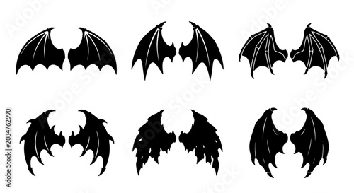 Bild auf Leinwand Black Bat Wings Vector Set, Gothic Fantasy Creature Appendages, Spooky Halloween