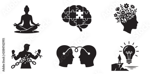 Mental Health and Psychology Concept Silhouette Icons Set, Minimalist Mind Wellness Brain Intelligence and Mindfulness Meditation Vector Flat Graphic Sheet