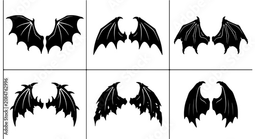 Tableau sur toile Set of 6 Black Dragon Wings Vectors, Gothic Bat Wings Illustrations, Fantasy Cre