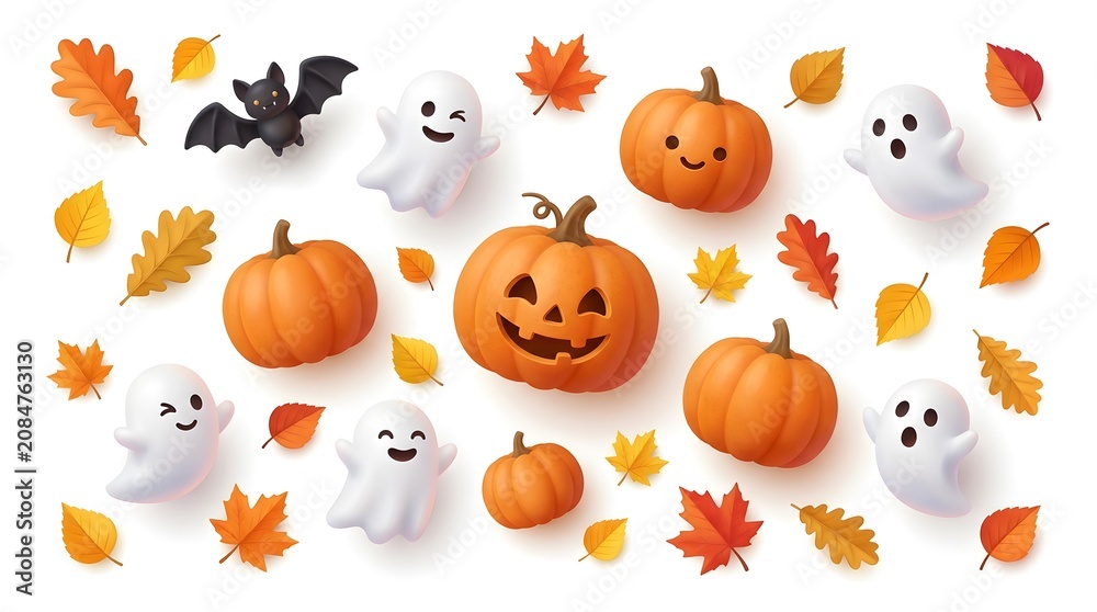 Fototapeta premium Halloween elements set with cute pumpkins, ghosts, bats and autumn leaves isolated on white background