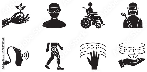 Future Assistive Technology and Cybernetic Accessibility Silhouette Icons Set, Minimalist Smart Disability Gadgets Bionic Limb and Holographic Braille Vector Flat Graphic Sheet