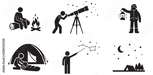 Night Camping and Stargazing Astronomy Silhouette Icons Set, Minimalist Amateur Astronomers Campfire Telescope and Wilderness Exploration Vector Flat Graphic Sheet