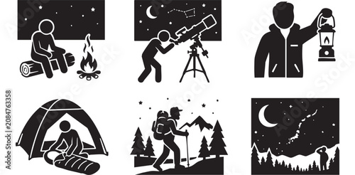 Night Camping and Mountain Hiking Silhouette Icons Set, Minimalist Stargazing Astronomy Telescope Backcountry Adventure and Milky Way Vector Flat Graphic Sheet