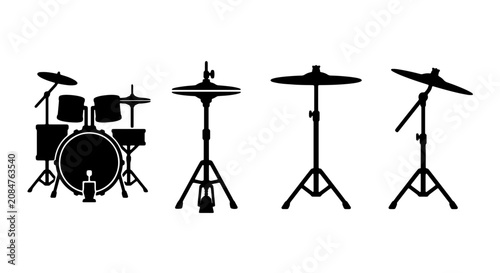 Fotografia Drum Kit Silhouette Vector, Percussion Set Icons, Musical Instruments Graphics,
