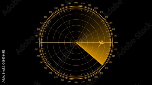 Amber air traffic control radar screen animation tracking multi-target aircraft with two targets on a head-on collision vector