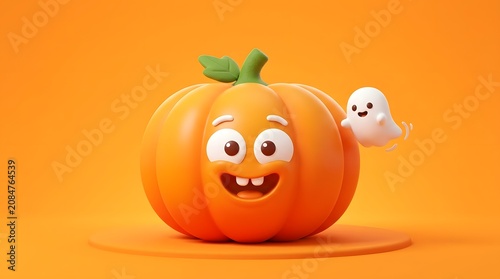 Cute 3d cartoon pumpkin character with a small ghost friend